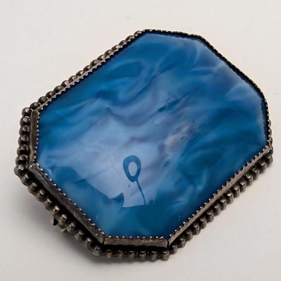 Vintage Marbled Blue Art Glass Cabochon Brooch Simple Silver Tone Setting Czech? - Picture 5 of 13